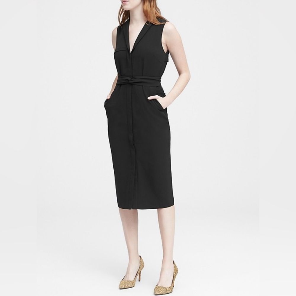 Banana Republic black cotton button down midi trench dress with pockets size 2